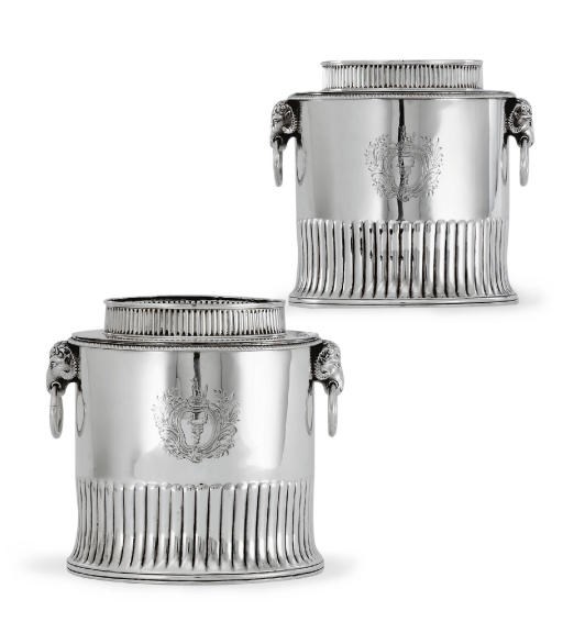 A PAIR OF GEORGE III SILVER WINE COOLERS