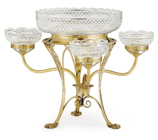 A REGENCY SILVER-GILT AND GLASS EPERGNE