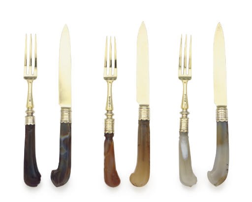 A REGENCY/GEORGE IV SILVER-GILT MOUNTED AGATE DESSERT SERVICE