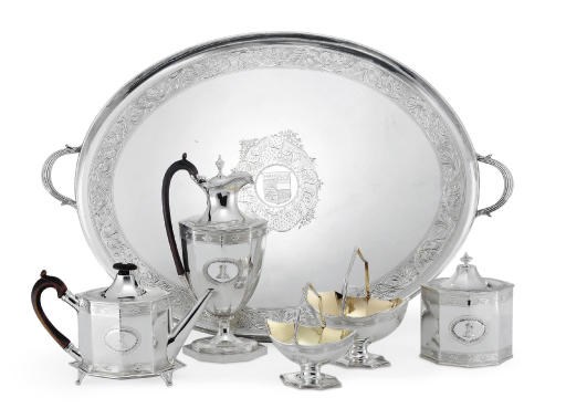 A GEORGE III SILVER FIVE-PIECE TEA AND COFFEE SERVICE WITH TRAY