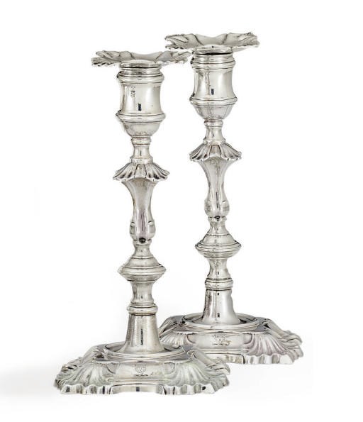 A MATCHED PAIR OF GEORGE II SILVER CANDLESTICKS