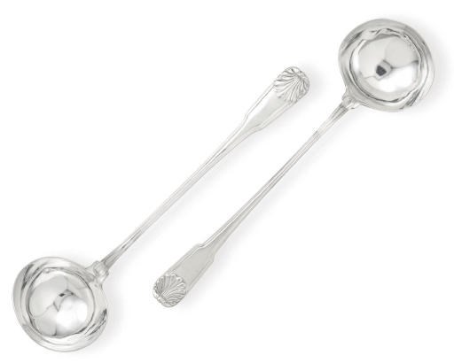 A PAIR OF LARGE GEORGE III SILVER SOUP LADLES