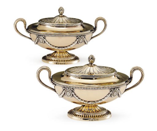 A PAIR OF GEORGE III SILVER-GILT SAUCE TUREENS