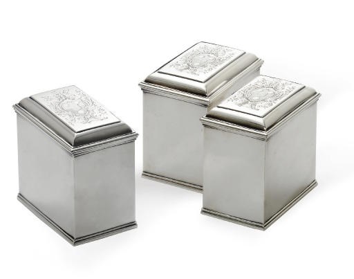A PAIR OF GEORGE II SILVER TEA CADDIES AND A SUGAR BOX