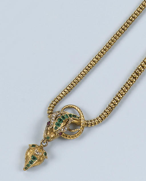 AN ANTIQUE RUBY, EMERALD AND DIAMOND SNAKE NECKLACE