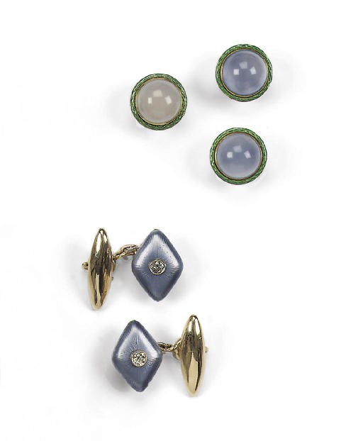 A PAIR OF RUSSIAN CUFF-LINKS AND THREE BUTTONS