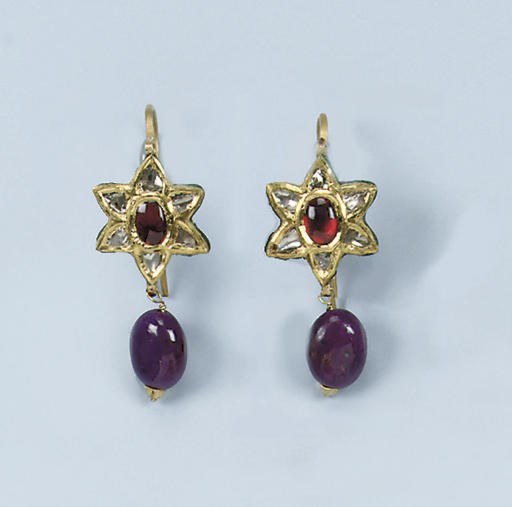 A PAIR OF INDIAN ENAMEL, RUBY AND DIAMOND EARRINGS