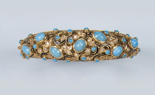 AN ENAMEL TURQUOISE AND DIAMOND BANGLE