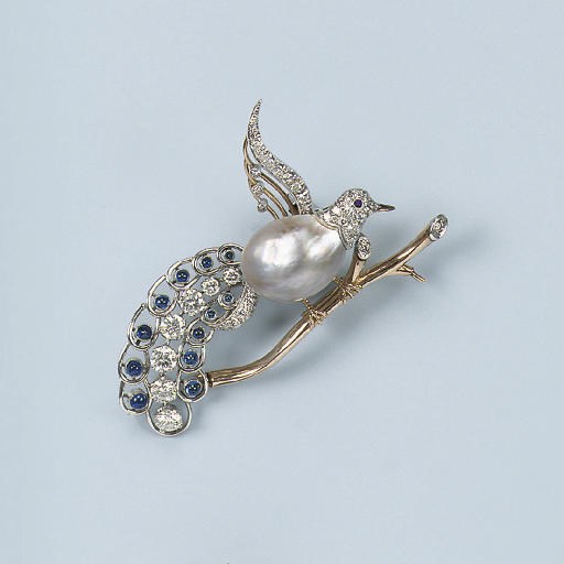 A NATURAL PEARL AND DIAMOND BIRD BROOCH, BY STELTMAN