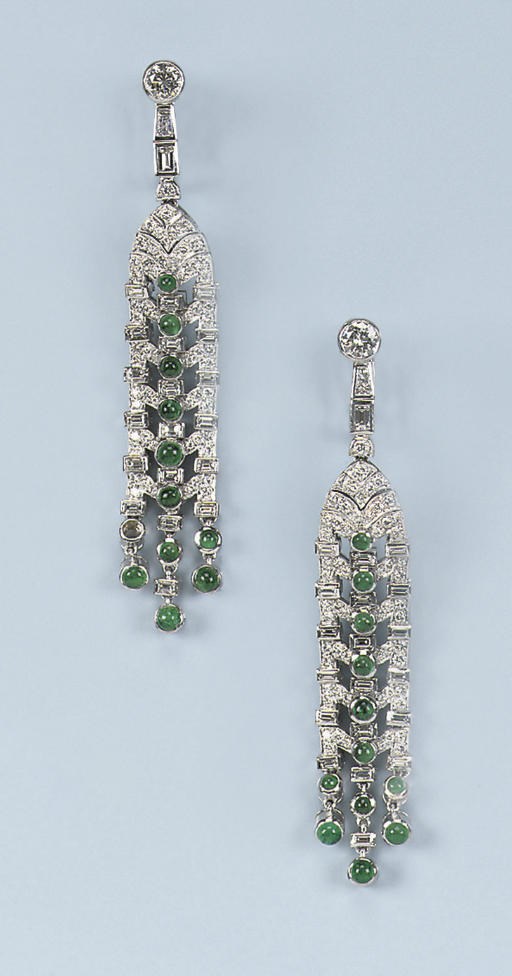 A PAIR OF EMERALD AND DIAMOND EARRINGS