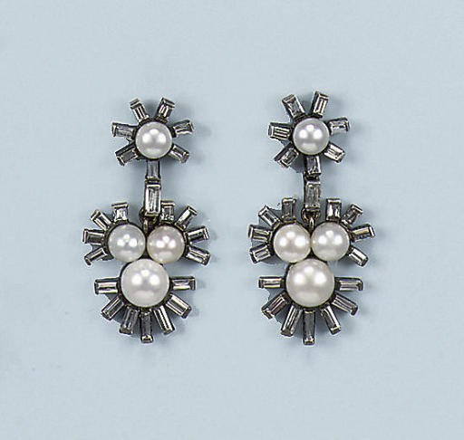 A PAIR OF PEARL AND DIAMOND EARRINGS