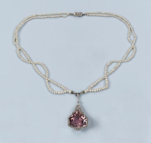 A FINE ART DECO TOPAZ, NATURAL PEARL AND DIAMOND PENDANT