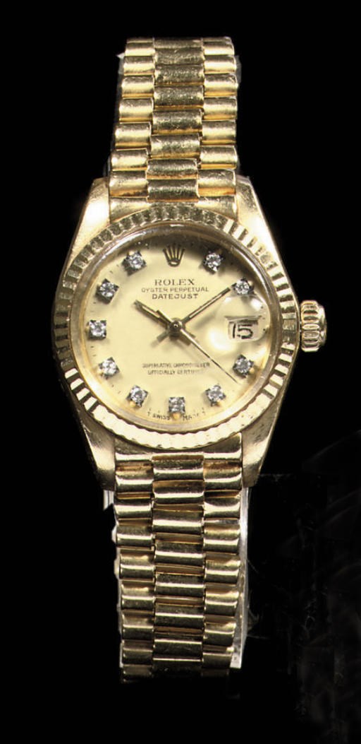 A LADY'S 18K GOLD AND DIAMOND AUTOMATIC WATER-RESISTANT WRISTWATCH WITH SWEEP CENTRE SECONDS AND DATE, BY ROLEX