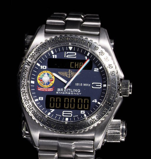 A LIMITED EDITION TITANIUM MULTI-FUNCTIONAL WRISTWATCH WITH EMERGENCY TRANSMITTER, DIGITAL DISPLAY FOR ALARM, DAY, DATE, CHRONOGRAPH, COUNTDOWN TIMER AND SECOND TIME ZONE BY BREITLING