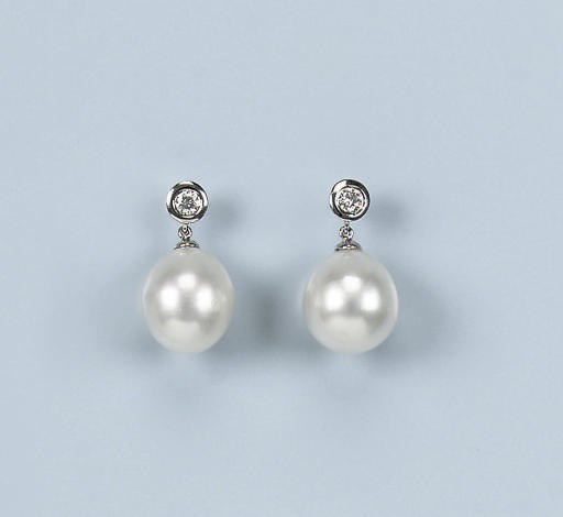 A PAIR OF CULTURED PEARL AND DIAMOND EARRINGS