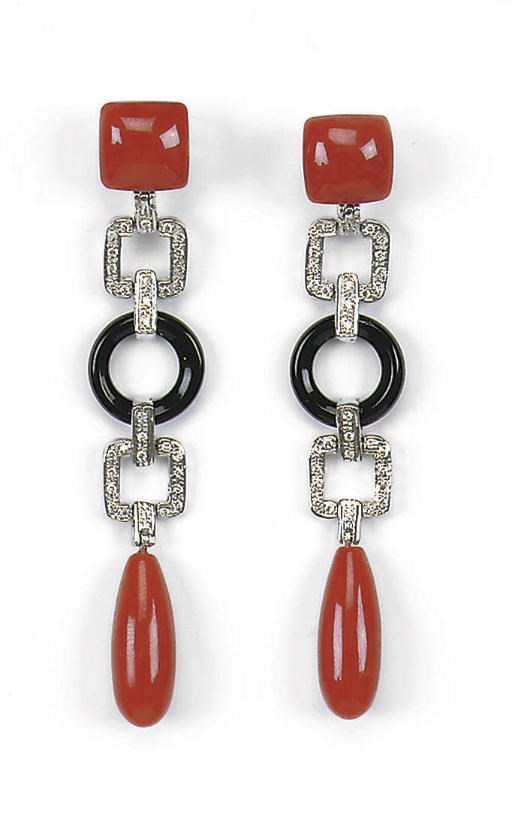 A PAIR OF CORAL, ONYX AND DIAMOND EARRINGS