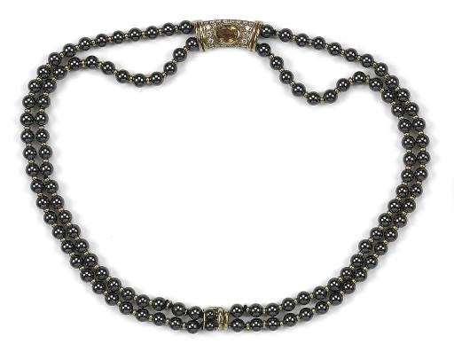 A HEMATITE, CITRINE AND DIAMOND NECKLACE