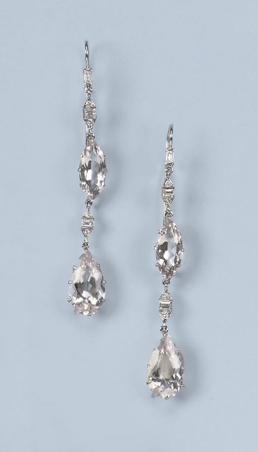 A PAIR OF MORGANITE AND DIAMOND EARRINGS