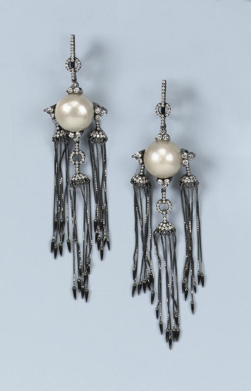 A PAIR OF SOUTH SEA CULTURED PEARL AND DIAMOND TASSEL EARRINGS