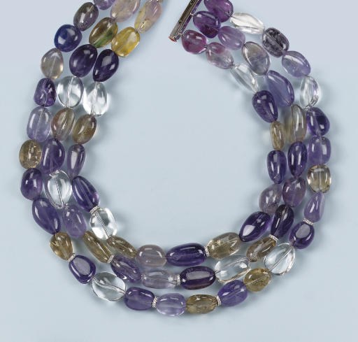AN AMETHYST, ROCK CRYSTAL AND DIAMOND NECKLACE