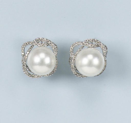 A PAIR OF CULTURED PEARL AND DIAMOND EARRINGS