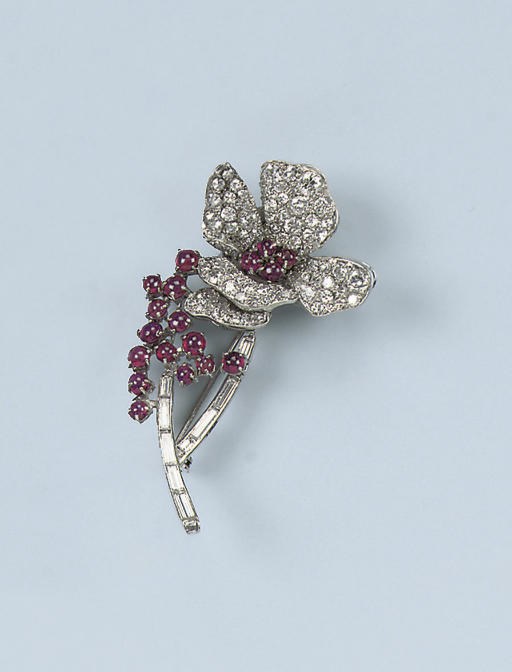 A RUBY AND DIAMOND FLOWER BROOCH
