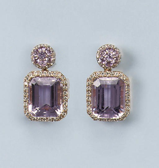 A PAIR OF KUNZITE AND DIAMOND EARRINGS