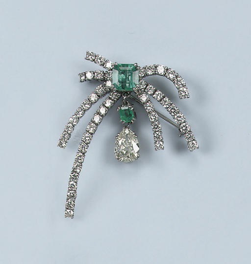 AN EMERALD AND DIAMOND BROOCH