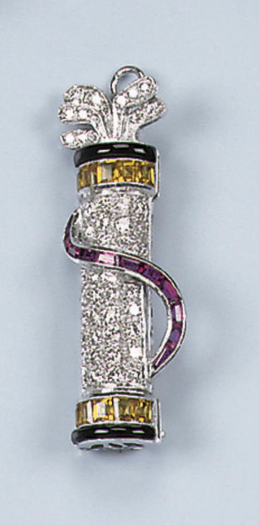 A RUBY, SAPPHIRE AND DIAMOND GOLF BAG BROOCH/PENDANT