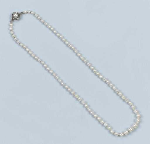 A NATURAL PEARL AND DIAMOND NECKLACE