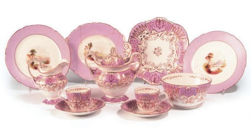 A STAFFORDSHIRE PORCELAIN PINK-GROUND PART TEA SERVICE AND A PART DESSERT SERVICE