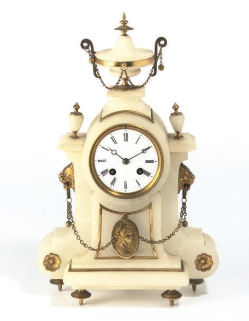 A FRENCH WHITE ALABASTER AND GILT-METAL MOUNTED EIGHT DAY STRIKING MANTEL CLOCK