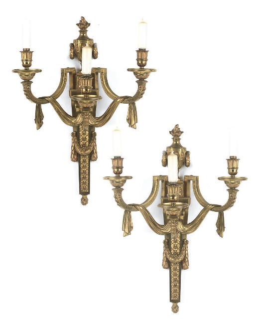 A PAIR OF GILT-BRONZE THREE-LIGHT WALL APPLIQUES