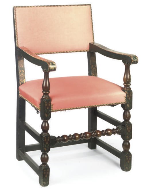A POLYCHROME DECORATED OAK ARMCHAIR