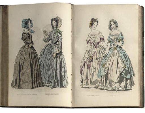 Ladies Cabinet (The) of Fashion, Music and Romance. London: G. Henderson, 1844-46. New Series, vols.1-4 and 6 only, 8o (197 x 130mm.), 57 engraved plates only, 62 hand-coloured costume plates only (of 66), some slightly stained, some minor tears, contemporary green half calf, rubbed, signature of Rachel Dowding on first title; and an incomplete copy of The new monthly Belle Assemblée, 1838 	 (6)
