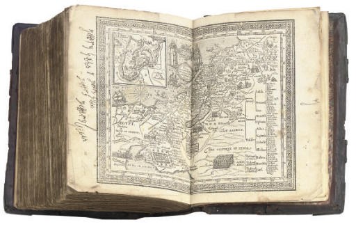 BIBLE, ENGLISH. The Bible. London: by Robert Barker, 1611. 2 parts; bound with: Two right profitable and fruitfull Concordances, and an imperfect Psalter and Genealogies, in one vol., 4o (220 x 160mm), woodcut general title, double-page map to last work, some leaves slightly soiled, lacks ff.2Y2-7 and title to New Testament, f.3K1 torn with loss, some other tears with minor loss, contemporary blindstamped calf over wooden boards, worn, rebacked with 19th-century calf, remains of bosses, lacks clasps, signature of Rachel Dowding on front board with some memorabilia bound at beginning; Darlow & Moule 307