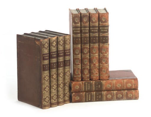 SPENSER, EDMUND. The Works. London: for F.C. & J. Rivington [etc.], 1805. 8 vols., 8o (212 x 130mm.), engraved portrait, later half calf, gilt ornaments on spines, rubbed -- STERNE, LAURENCE. The Works. London: for Cadell and Davies [etc.], 1819. 4 vols., 8o (212 x 134mm.), engraved portrait, contemporary calf, rebacked with calf gilt 	 (12)
