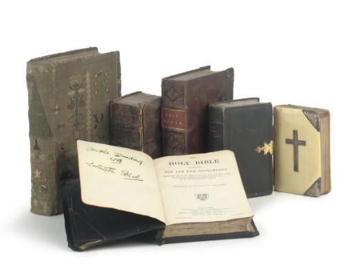 BIBLE, ENGLISH. The Holy Bible. Oxford: University Printers, 1711. 2 parts in one vol., 12o (160 x 96mm.), slightly soiled, contemporary red morocco gilt with small tools, rubbed, brass cornerpieces, lacks clasps, 20th-century lettering pieces, g.e.; Darlow & Moule 913; and 11 other bibles and service books 	 (12)