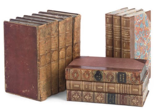 HALLAM, HENRY. The constitutional History of England ... second edition. London: John Murrary, 1829. 3 vols., 8o (214 x 130mm.), 20th-century calf for Sotheran & Co., gilt spines, t.e.g., signature of C. Canning on title, bookplate of Henry George Charles Viscount Lascelles -- WALPOLE, HORACE, EARL OF ORFORD. The Letters. London: Richard Bentley, 1840. 6 vols., 8o (212 x 130mm.), portrait, some leaves slightly soiled, contemporary calf, gilt spines, rubbed, vol.6 worn and loose, bookplate of Henry George Charles Viscount Lascelles; and two other historical works in 6 vols. 	 (15)