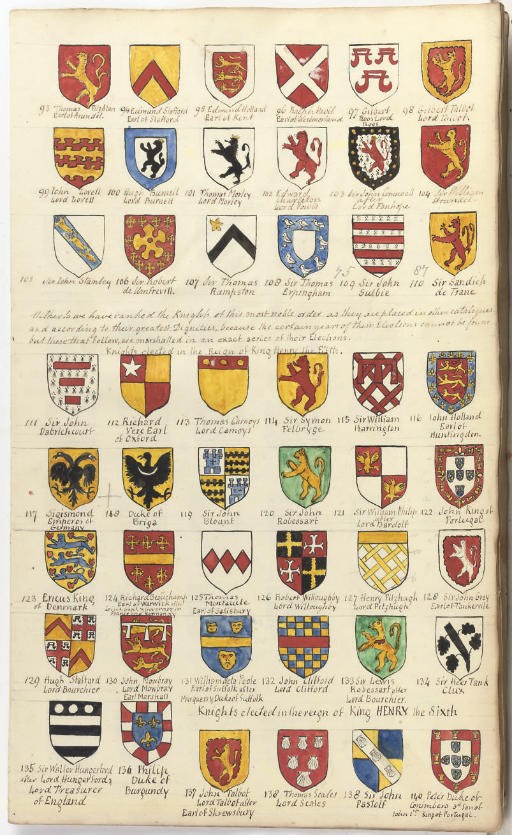 MANUSCRIPT -- THE ORDER OF THE GARTER. LATE 18TH CENTURY. Manuscript on paper, 2o (325 x 205mm.), 10 leaves with watercolour coats of arms with manuscript captions, slight dampstains, in later paper wrapper with signature of William Lawley Dowding, loosely inserted in later vellum portfolio, upper cover with watercolour arms, rubbed; and two other printed books 	 (3)