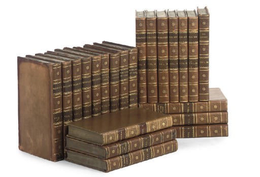 [SCOTT, SIR WALTER]. Waverley, or 'Tis sixty Years since. Edinburgh: by James Ballantyne & Co., 1814. 3 vols., 12o (178 x 102mm.), half-titles, final imprint leaf in vols.1 & 2, a few minor tears and stains, 20th-century speckled sheep for H. Sotheran & Co., gilt ornaments on spines; and 18 other works by Scott in 56 vols., in contemporary calf uniformly rebacked 	 (59)