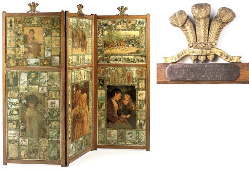 THE PRINCE AND PRINCESS OF WALES'S SCREEN
A LATE-VICTORIAN PARCEL-GILT AND OAK THREE LEAF DÉCOUPAGE SCREEN