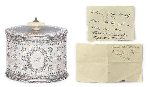 THE HON. GERALD LASCELLES' 10TH BIRTHDAY PRESENT FROM KING GEORGE V AND H.M. QUEEN MARY A VICTORIAN SILVER TEA CADDY
