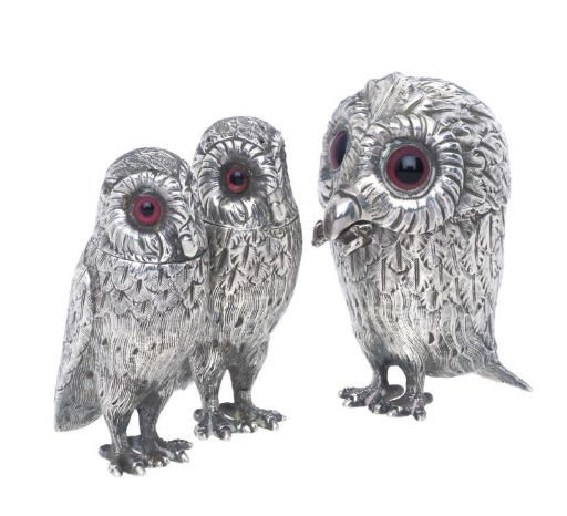 A VICTORIAN GILT-LINED NOVELTY SILVER OWL CONDIMENT SET