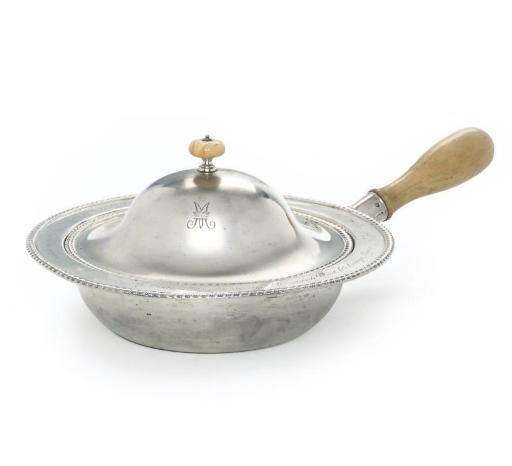 PRINCESS MARY'S VEGETABLE DISH A GEORGE V SILVER TRIPARTITE VEGETABLE DISH WITH IVORY HANDLE AND BUTTON FINIAL