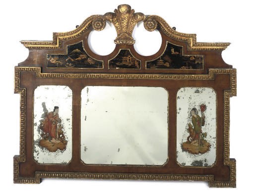 A PARCEL-GILT WALNUT AND JAPANNED OVERMANTEL MIRROR