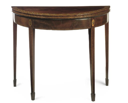 A GEORGE III MAHOGANY SATINWOOD AND ROSEWOOD CROSSBANDED POLYCHROME DECORATED DEMI-LUNE CARD TABLE