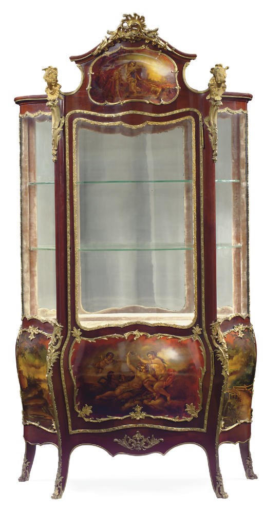 A LOUIS XV STYLE ORMOLU-MOUNTED MAHOGANY AND VERNIS MARTIN VITRINE