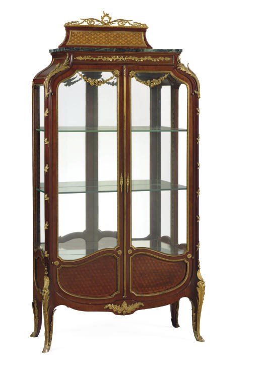 A LOUIS XV/XVI STYLE ORMOLU-MOUNTED MAHOGANY AND PARQUETRY VITRINE