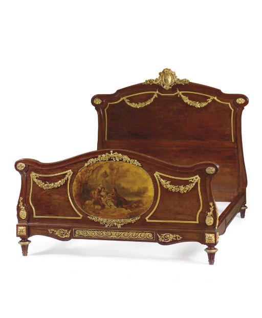 A FRENCH ORMOLU-MOUNTED MAHOGANY AND VERNIS MARTIN BED